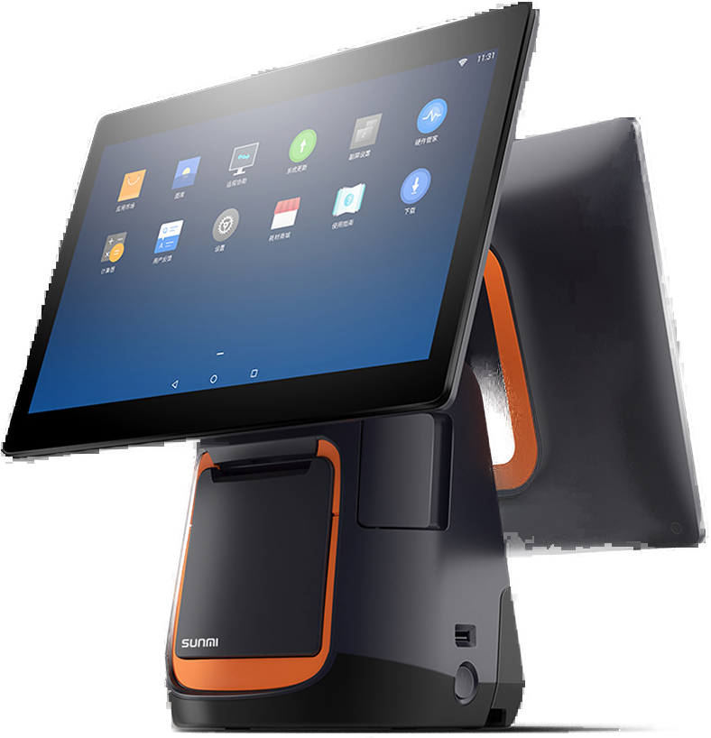 Sunmi T2 dual-screen EPOS terminal running LumiPOS, with built-in receipt printer